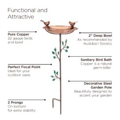 Pure Copper Bird Bath With Two Copper Birds And Tree Multipronged Garden Pole -Gardeners Sales Store 8613379 07v